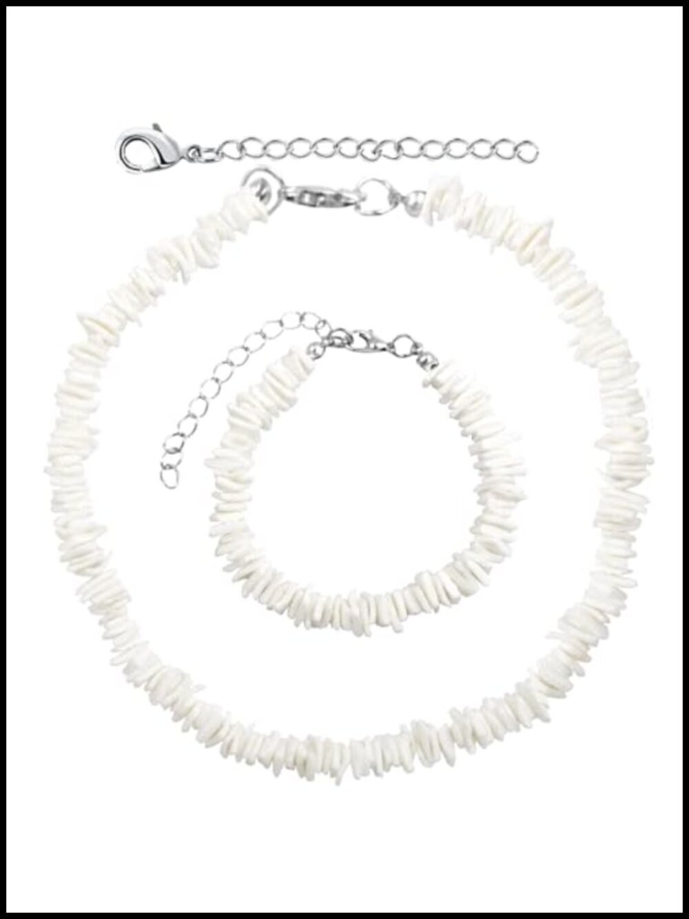White Puka Shell Necklace Bracelet Set, Hawaiian Seashell Choker Beach Surfer